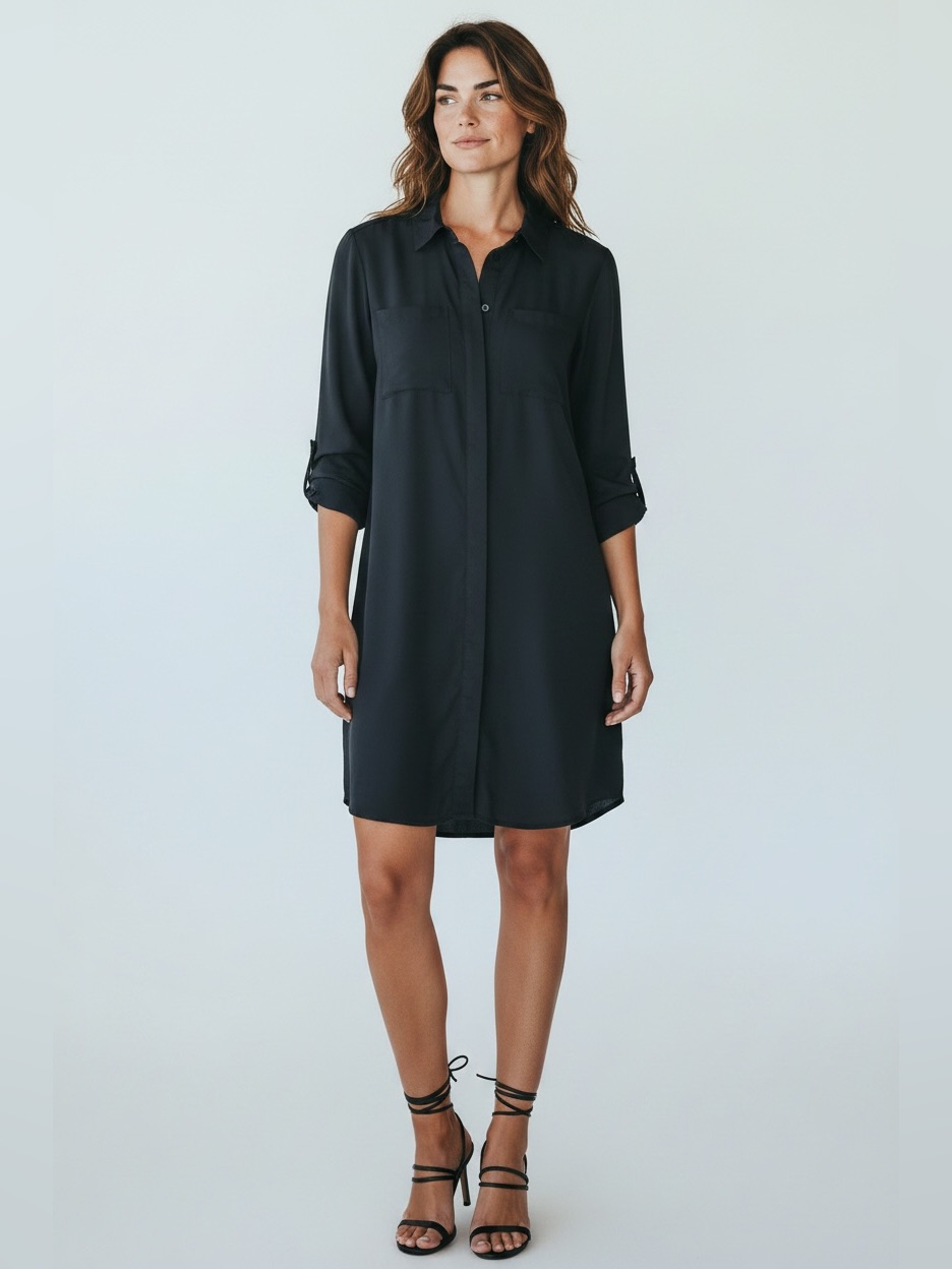 Banana Republic Black Utility Shirt Dress Roll-Tab Sleeve Petite 2 Excellent